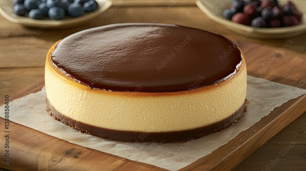 Creamy Cheesecake with Chocolate Glaze and Fresh Berries Displayed Creamy Cheesecake with Chocolate Glaze and Fresh Berries Displayed