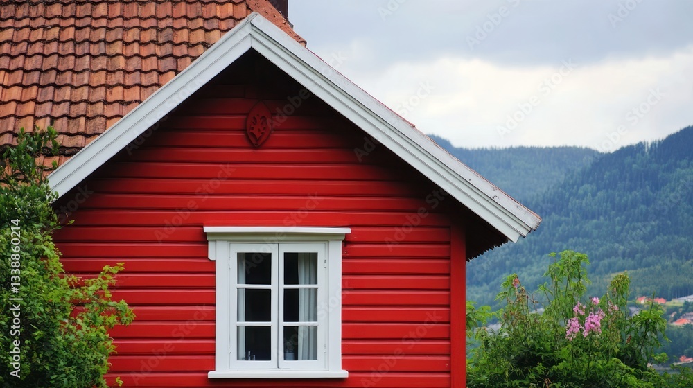 Red cabin with white window, mountains background Red cabin with white window, mountains background