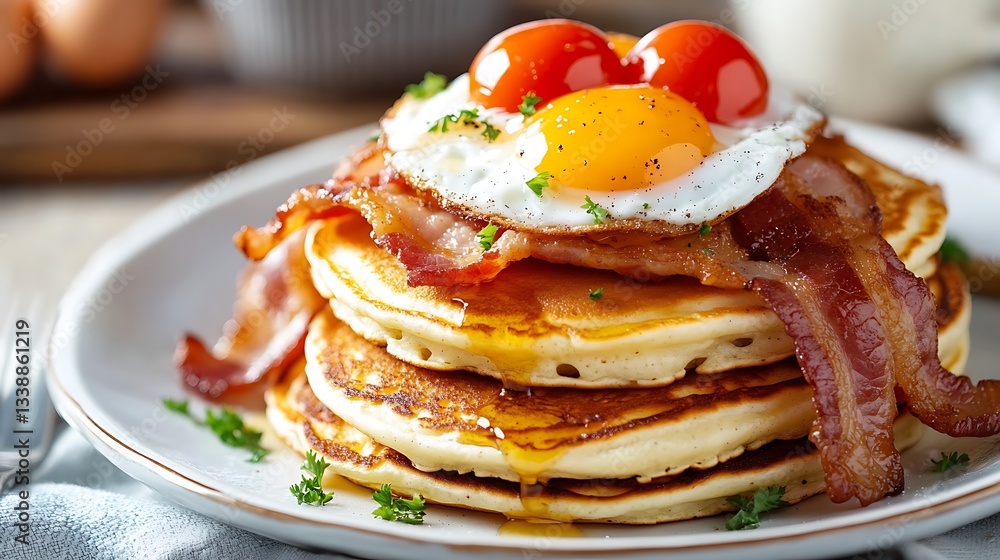 Grand slam breakfast with pancakes bacon eggs Grand slam breakfast with pancakes bacon eggs