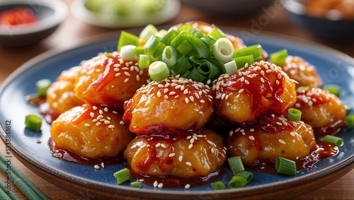 A delicious plate of Korean tteokbokki, featuring chewy rice cakes coated in a thick, glossy, spicy-sweet gochujang sauce. The dish is garnished with freshly chopped green onions and sprinkled with wh