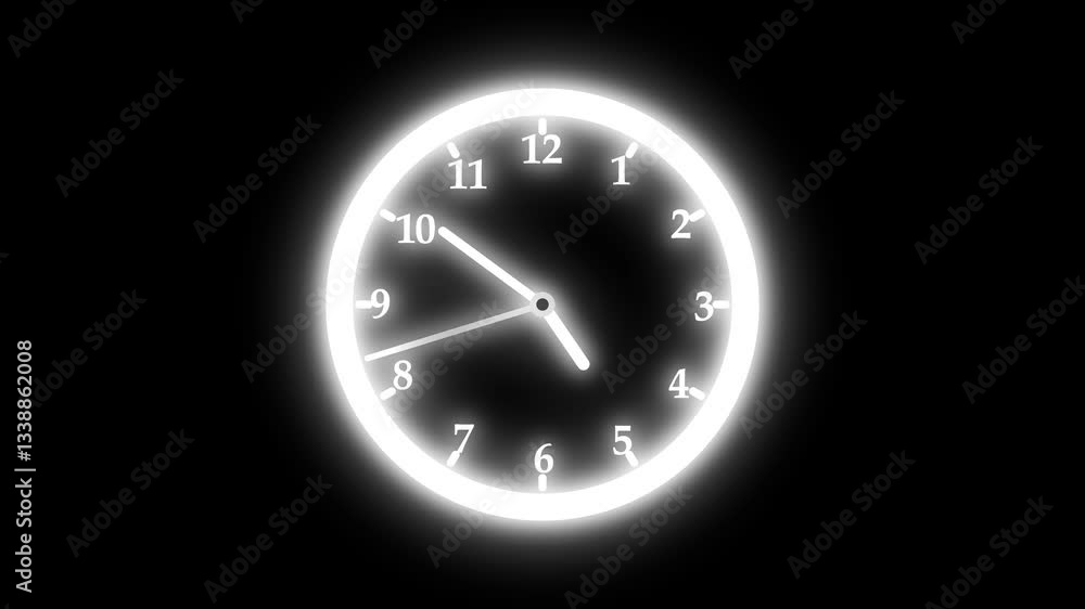 Simple analog clock animation with numbers on black background, simple clock face with hour and minute hands