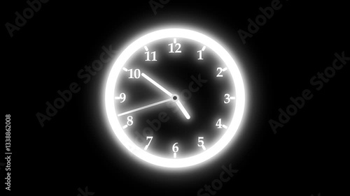 Simple analog clock animation with numbers on black background, simple clock face with hour and minute hands