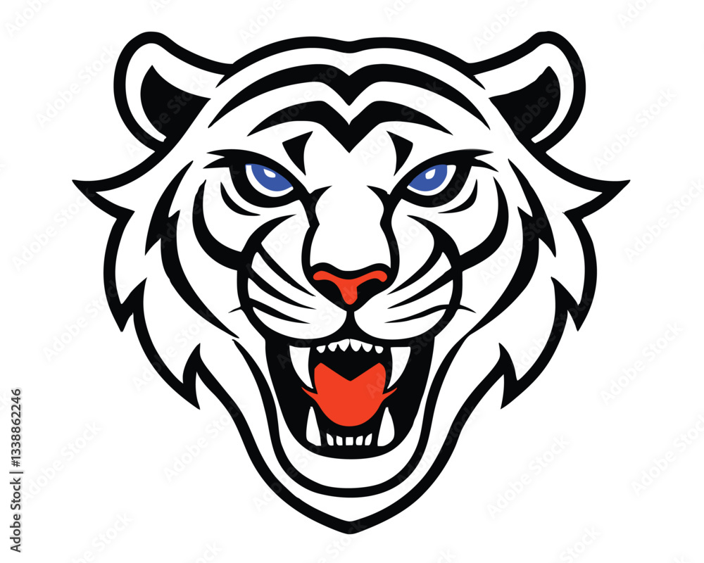 Fototapeta premium A stylized logo with in blue, white, red, and orange. The orange color is used for the stylized Tiger head. The Tiger head has its eyes closed and its mouth open. The background is black.