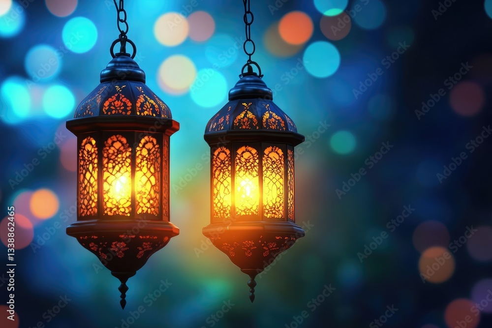 Two ornate lanterns hanging against a bokeh background Two ornate lanterns hanging against a bokeh background