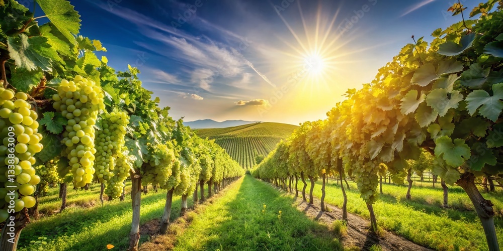 Naklejka premium Panoramic Vineyard Harvest: Sun-Drenched Grapes Ready for Winemaking