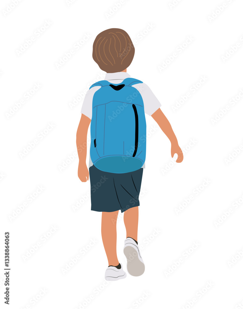 School boy going to elementary, primary school vector illustration isolated on white background. Happy pupil walking with backpack rear view. Back to school concept. School boy going to elementary, primary school vector illustration isolated on white background. Happy pupil walking with backpack rear view. Back to school concept.