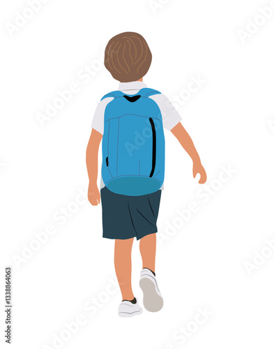 School boy going to elementary, primary school vector illustration isolated on white background. Happy pupil walking with backpack rear view. Back to school concept.