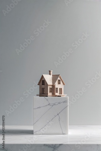 A small wooden house model rests atop a marble pedestal in a minimalist setting, symbolizing the journey of finding the perfect home. This serene display emphasizes simplicity and design