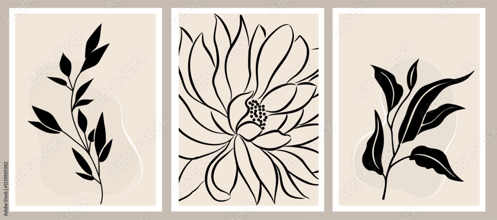 Fototapeta premium Botanical wall art vector set. Nordic line art drawing with abstract shape. Abstract Plant Art design for print, cover, wallpaper, Minimal and natural wall art. Beige and black vector illustration.