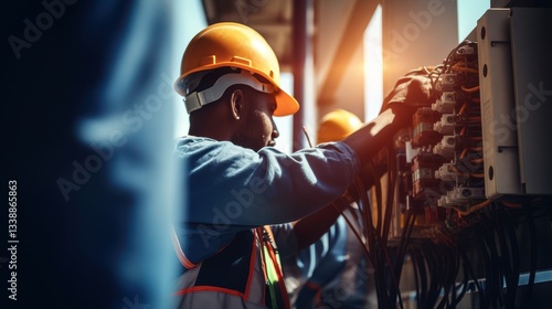 Building: Construction, Electrician Smiles doing his job, repairs, Safety of the Environment wearing helmets	