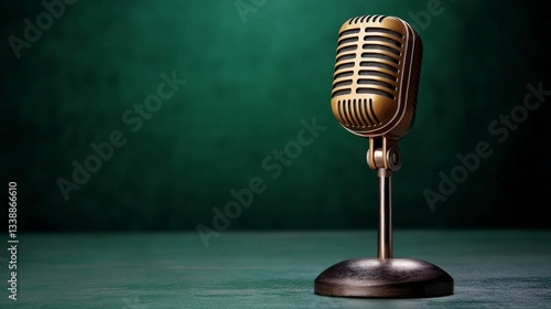 Vintage Microphone on Stand with Green Background for Music, Podcasting, and Performance Themes