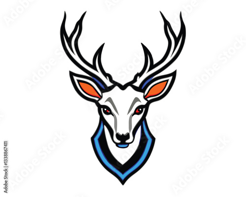 A stylized logo with in blue, white, red, and orange. The orange color is used for the stylized Deer head. The Deer head has its eyes closed and its mouth open. The background is black.