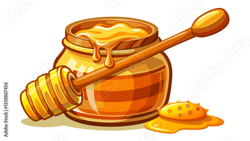 Delicious golden honey in a jar with a wooden dipper on a clean transparent background, Sweet honey isolated on white background