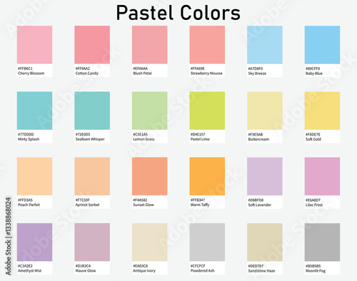 Color Palette 24 Pastel Colours - Cool, Warm, Neutrals, Light Tones - with HEX Codes and Names, Colour Scheme and Combinations