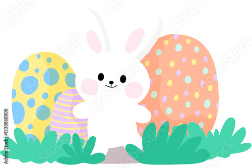 Cute rabbit bunny graphic design elements in pastel color for easter day with many pose like inside egg, hugs the egg, hold the egg, hold balloon, or pull basket of eggs elements