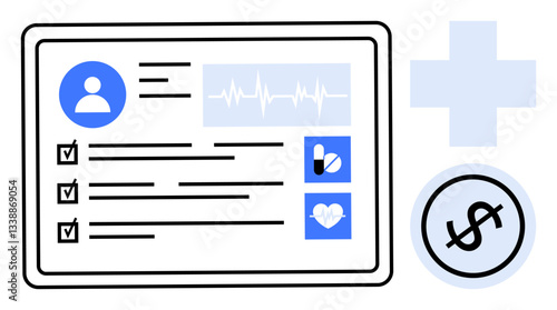 Digital patient profile on a tablet screen with a checklist, heart rate monitor, health icons, cross symbol, and dollar sign. Ideal for healthcare, insurance, records, billing telemedicine
