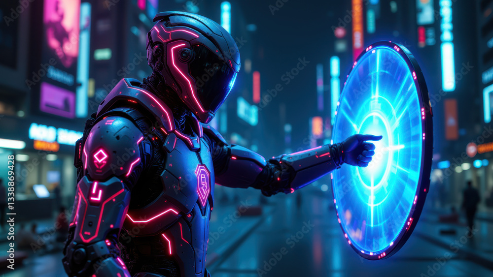 Naklejka premium A futuristic cyber-warrior holding a glowing circular device amidst neon city lights, symbolizing advanced technology in action.