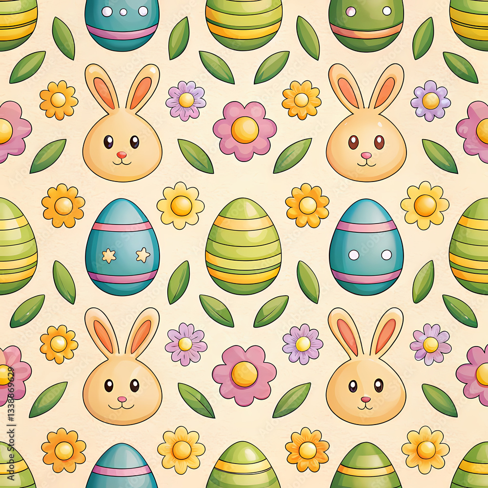 Obraz premium easter, seamless, background, with eggs, bunnies, flowers, and leaves in cheerful pattern. easter pattern