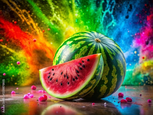 Panoramic Glistening Watermelon with Vibrant Spray Paint Art Background