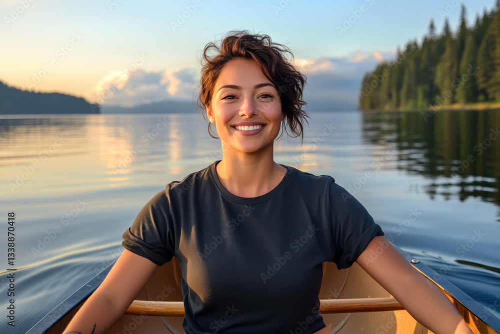 Fototapeta premium Young woman wearing short sleeve black tee sitting in boat floating on calm lake. Women's regular fit сrewneck t-shirt mockup. Holiday, vacation outdoors lifestyle basic tee template