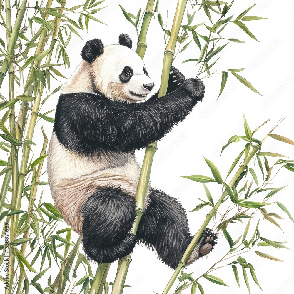 Obraz premium Panda climbs bamboo in a curious and joyful manner. Watercolor art showcases adorable nature. Bamboo forest backdrop enhances the scene.