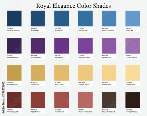 Color Palette 24 Royal Elegance Colours - Fashion and Luxury Tones, Deep Blue, Gold, Regal Purple - with HEX Codes and Names, Colour Scheme and Combinations