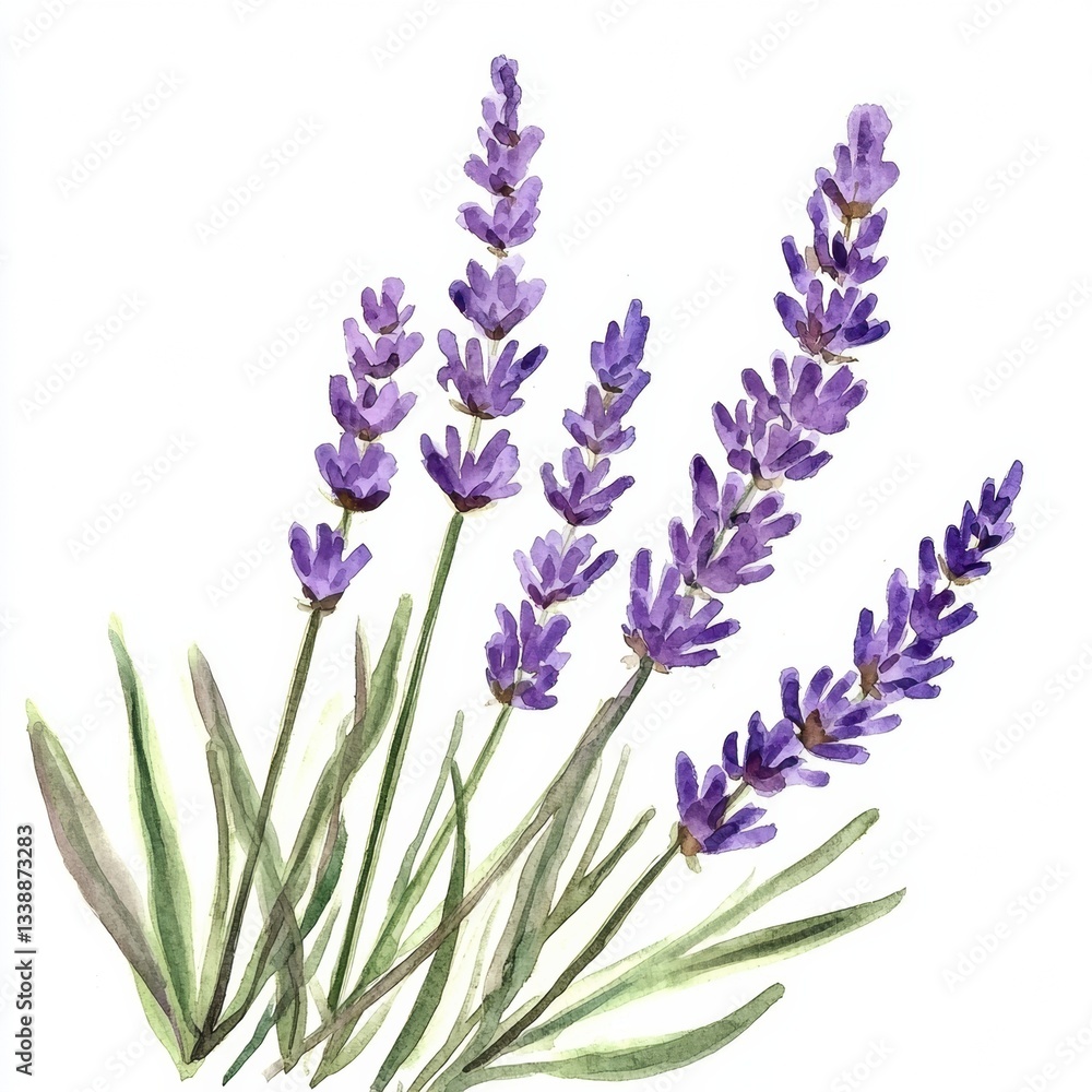 Fototapeta premium Watercolor lavender creates a calming, charming design with delicate purple flowers and green foliage.
