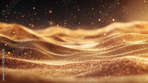 Golden Shimmering Waves: Captivating abstract landscape of golden shimmering waves, with particles of light floating in the air, evoking a sense of luxury, elegance, and ethereal beauty.