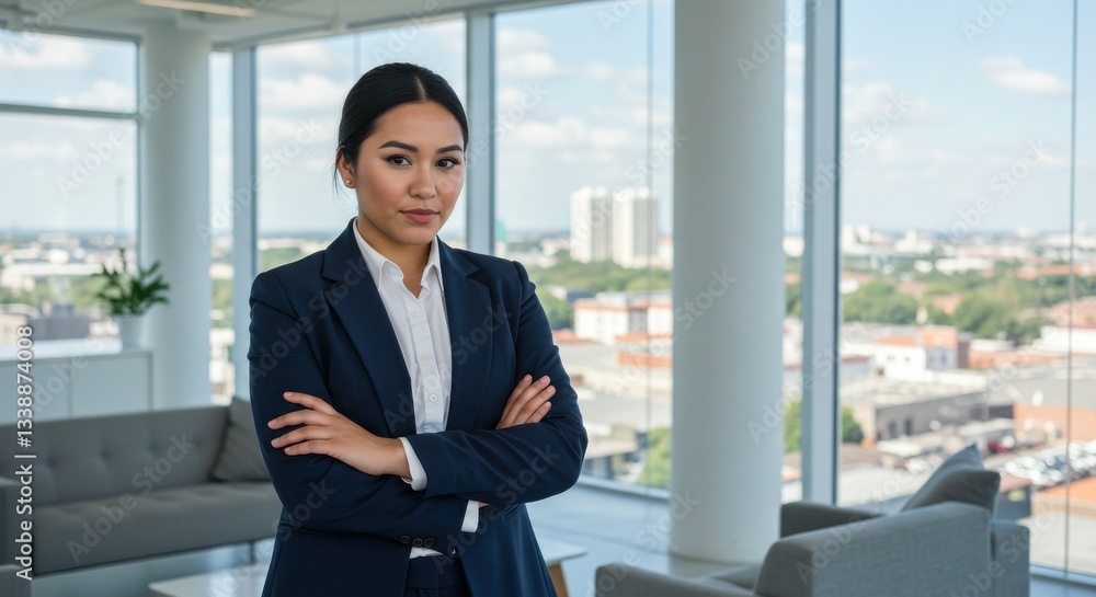 Young and confident businesswoman stand crossed arms with office background, Ai Genarated Young and confident businesswoman stand crossed arms with office background, Ai Genarated