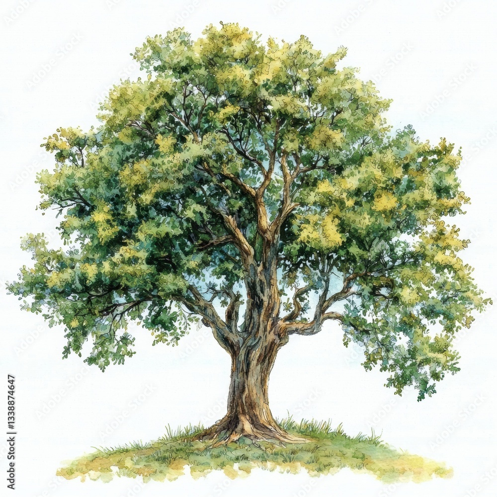 Tree, illustration, green leaves, boho style, gentle hill. A majestic tree on a serene gentle hill, embodying natural beauty in watercolor. Tree, illustration, green leaves, boho style, gentle hill. A majestic tree on a serene gentle hill, embodying natural beauty in watercolor.