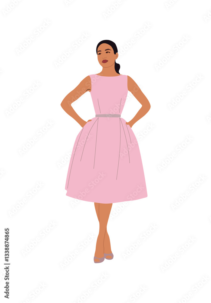Beautiful Woman in fashion pink dress for evening or cocktail party, event. Pretty girl wearing stylish clothes. Vector realistic illustration isolated on white background. Beautiful Woman in fashion pink dress for evening or cocktail party, event. Pretty girl wearing stylish clothes. Vector realistic illustration isolated on white background.