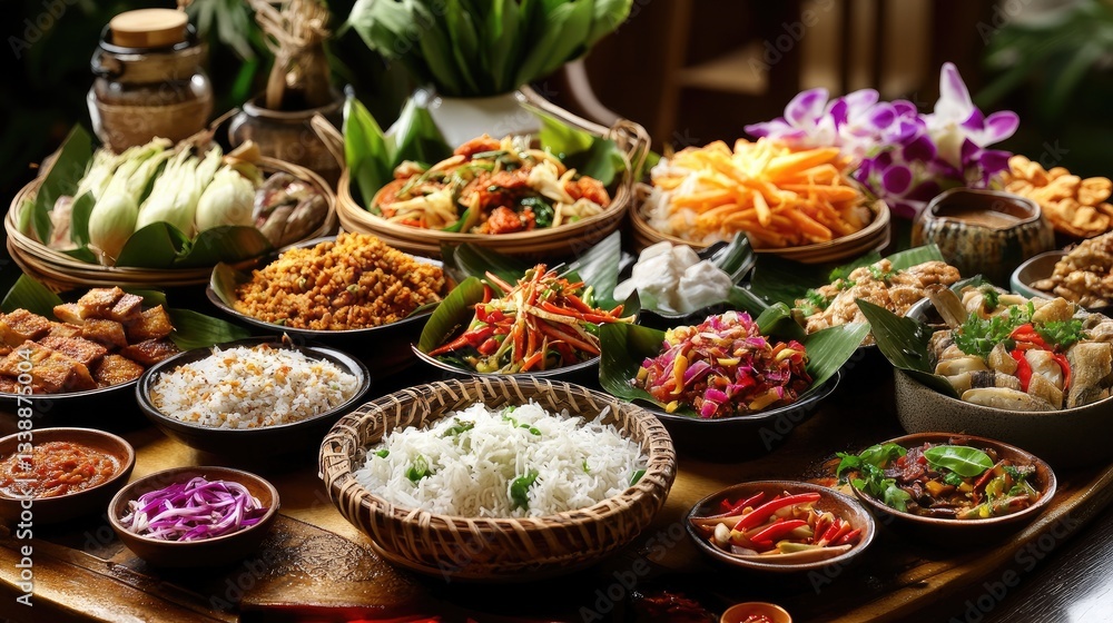 Fototapeta premium Colorful Array of Traditional Dishes on a Beautifully Set Table