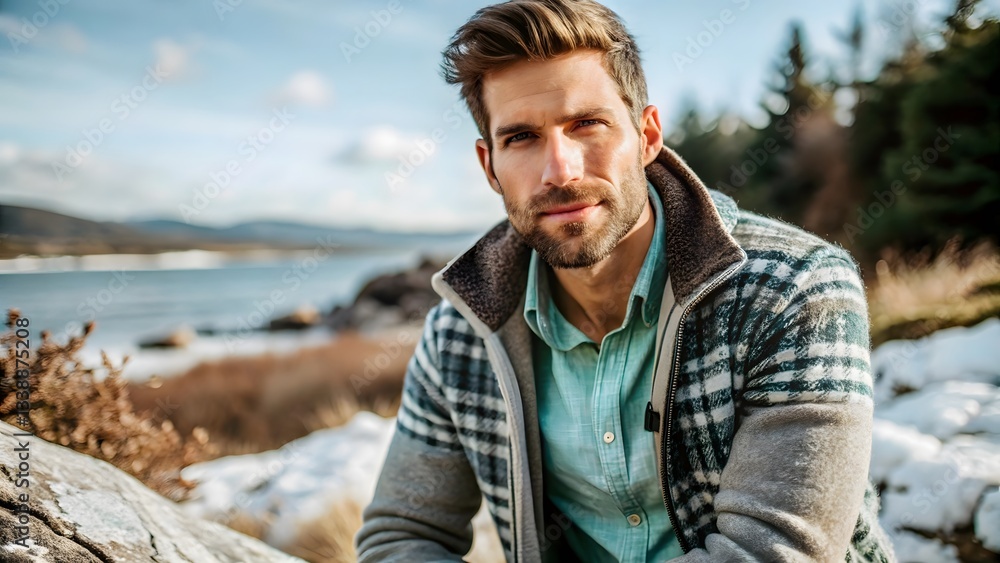 Man in Plaid Jacket by Lake in Winter Man in Plaid Jacket by Lake in Winter