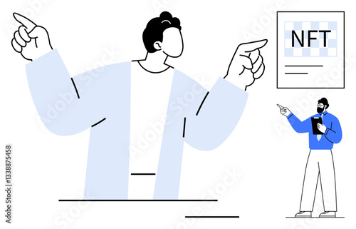 Two minimalistic characters engaging in discussion about NFT. One gestures towards an NFT concept display. Ideal for blockchain, digital trends, art markets, innovation, collaboration, education