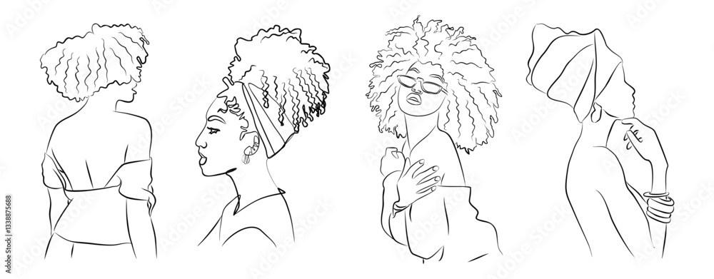 Set of Abstract African american women portraits in minimalistic modern line art style. Trendy design for beauty logo, print, tattoo, card. Vector black ink sketch isolated on white background. Set of Abstract African american women portraits in minimalistic modern line art style. Trendy design for beauty logo, print, tattoo, card. Vector black ink sketch isolated on white background.