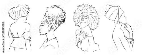 Set of Abstract African american women portraits in minimalistic modern line art style. Trendy design for beauty logo, print, tattoo, card. Vector black ink sketch isolated on white background.