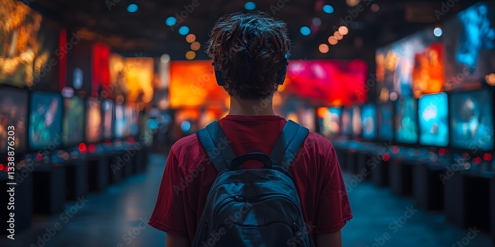 Obraz premium Gamer's Paradise: A young individual, viewed from behind, stands in a vibrant gaming arcade filled with screens, backpack on, ready to embark on an interactive adventure