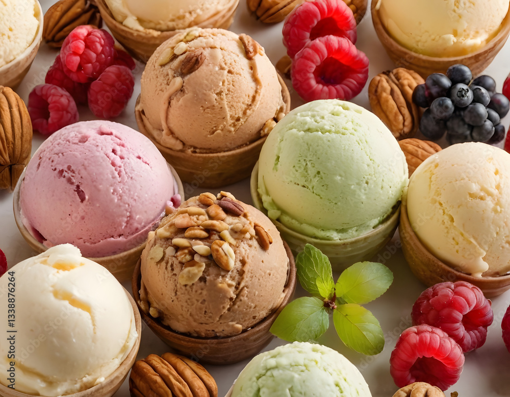 Set of ice cream scoops of different colors and flavors with nuts and berries, ice cream and chocolate with fruits. Set of ice cream scoops of different colors and flavors with nuts and berries, ice cream and chocolate with fruits.
