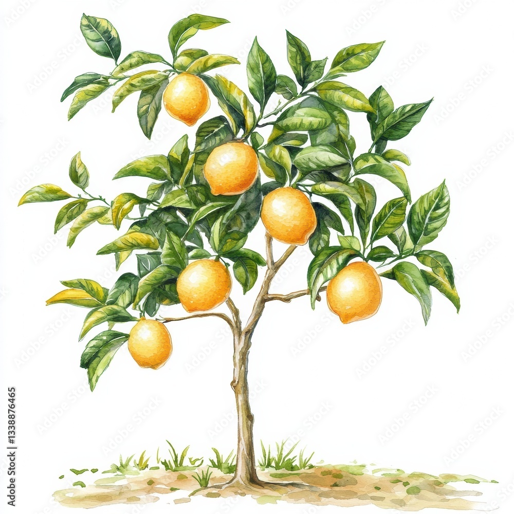 Watercolor lemon tree on white background showcasing beauty. Watercolor lemon tree on white background showcasing beauty.