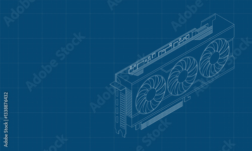 Isometric video graphic card blueprint. Video card isometric. Computer hardware components. GPU graphic card illustration