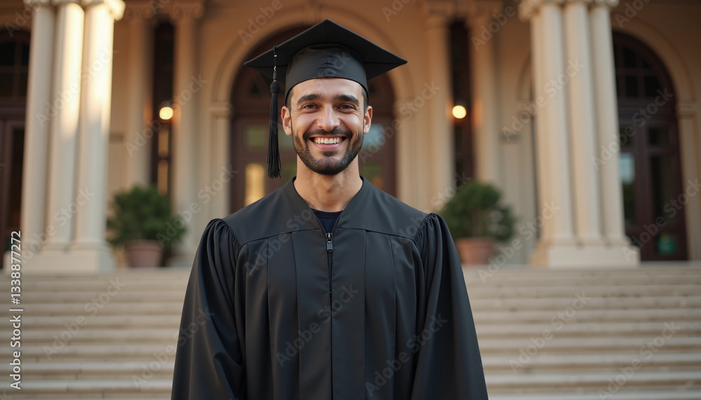 Graduating male student smiling in academic gown against building Graduating male student smiling in academic gown against building