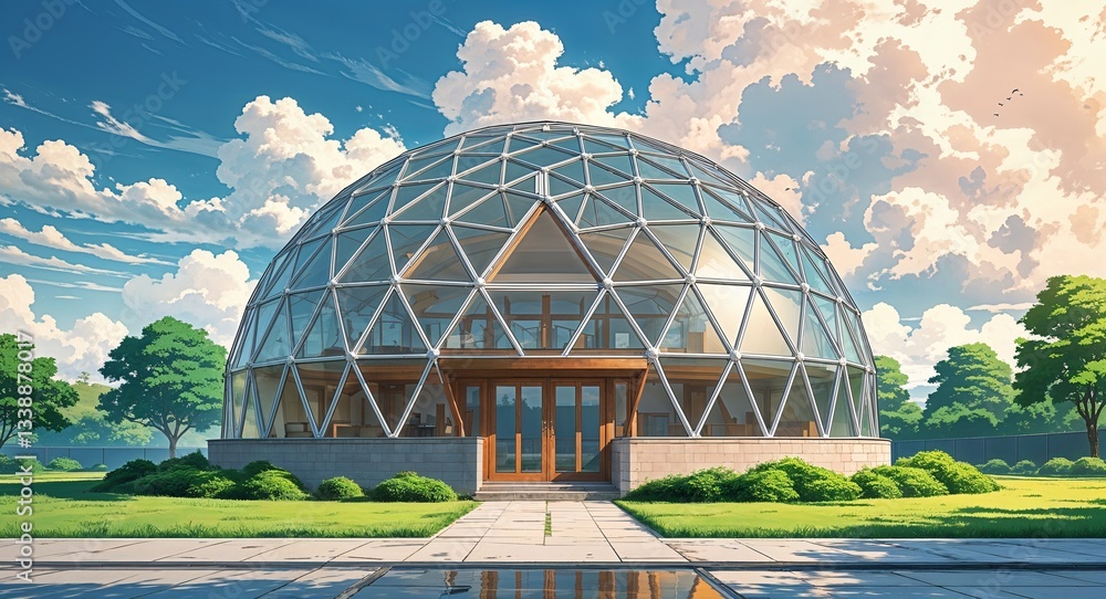 Fototapeta premium Giant eco dome for sustainable living building design on manga design illustration background
