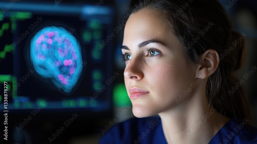 Medical professional analyzing brain activity data healthcare facility digital media clinical environment focused perspective Medical professional analyzing brain activity data healthcare facility digital media clinical environment focused perspective
