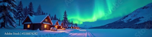Wallpaper Mural Vibrant aurora borealis illuminates cozy snow-covered houses , night sky, northern lights Torontodigital.ca