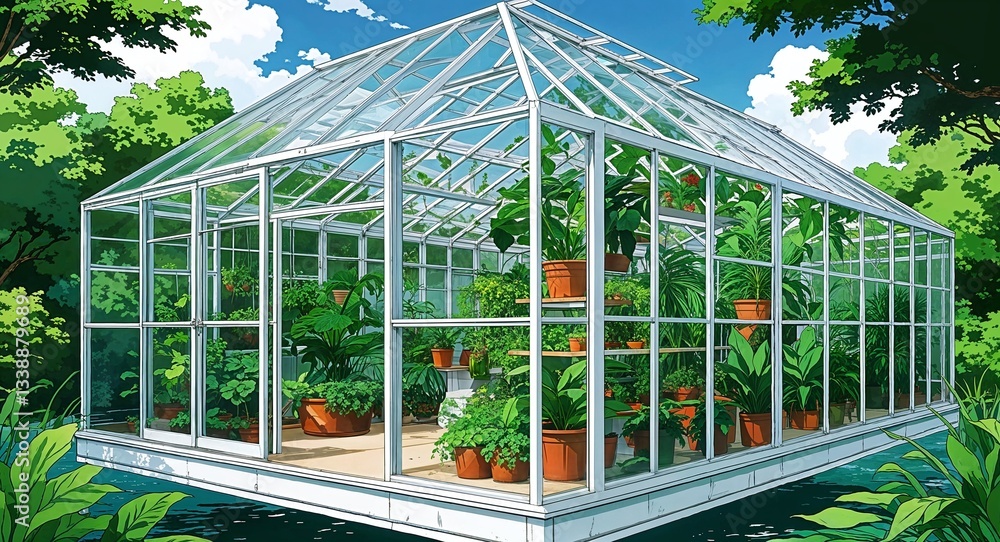 Fototapeta premium Green and white floating greenhouse with exotic plants visible inside building design on manga design illustration background