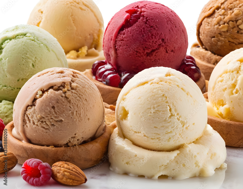 Set of ice cream scoops of different colors and flavors with nuts and berries, vanilla ice cream. Set of ice cream scoops of different colors and flavors with nuts and berries, vanilla ice cream.