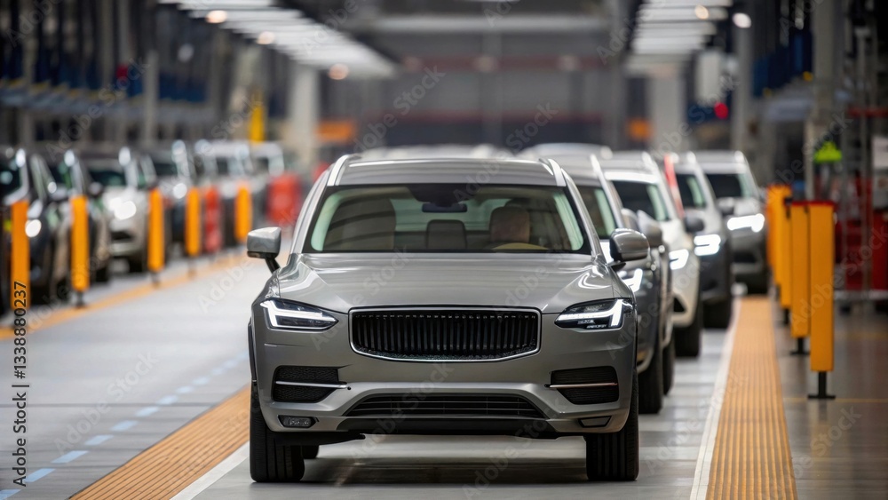 Innovative technology in robotic process automation. Modern cars lined up in an automotive assembly line inside a factory. Innovative technology in robotic process automation. Modern cars lined up in an automotive assembly line inside a factory.