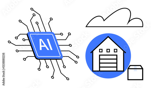 AI chip symbolizing technology, cloud icon for cloud computing, smart warehouse with package depicting logistics and digital transformation. Ideal for innovation, AI, IT, automation, connectivity