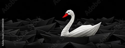 Extraordinary origami swan surrounded by paper boats representing excellence and independence.