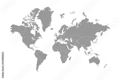 World map grayscale, isolated on white background for website layouts, background,education, precise. Travel worldwide, map silhouette backdrop, earth geography, political, reports.